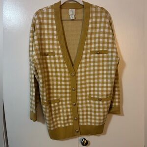 Joie Gingham Button Front Cardigan Dijon Mustard Gold Button Size L EUC